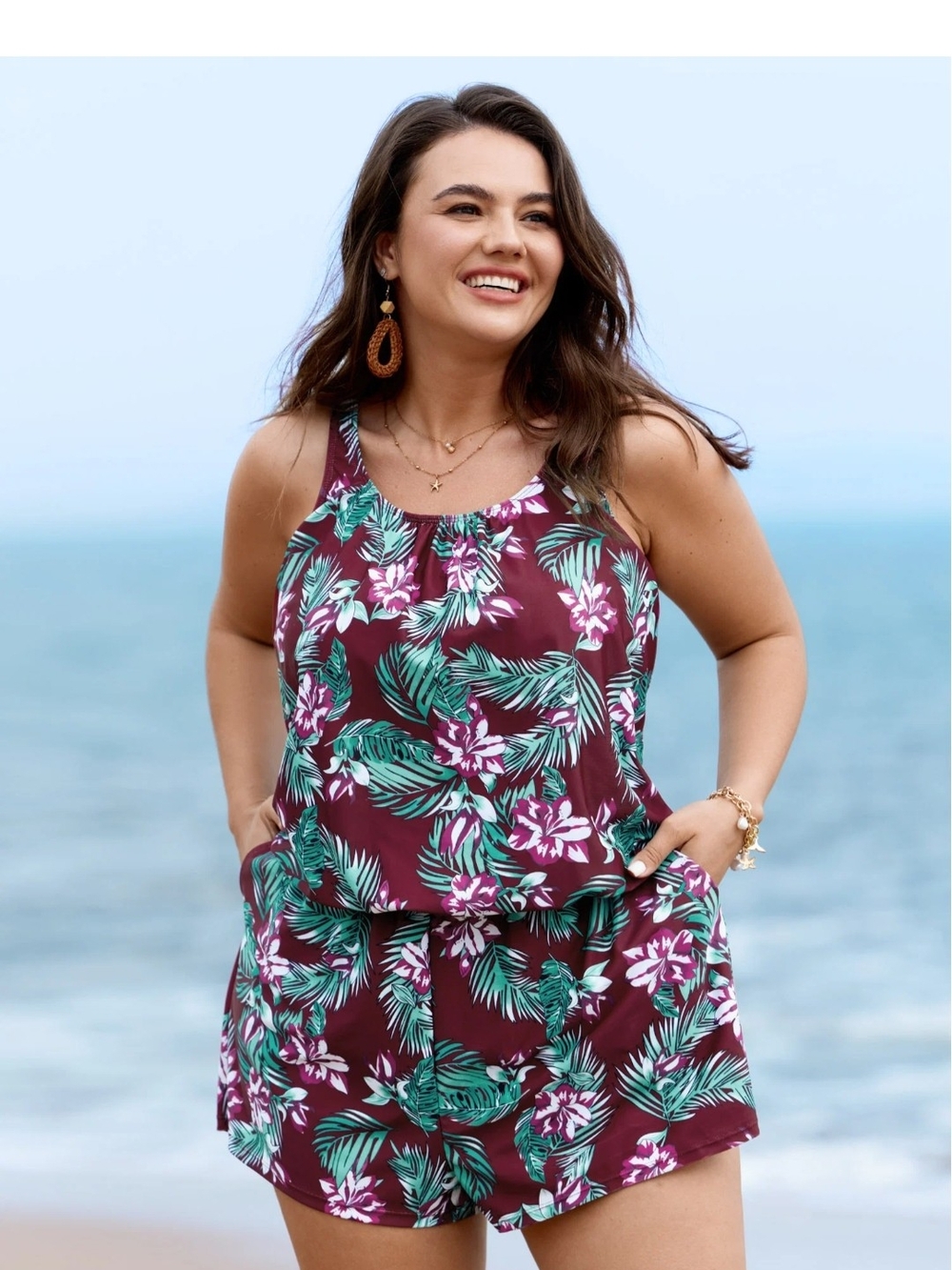 Tropical Flower Print Pocket One Piece Swimsuit